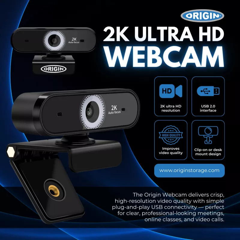 Origin Storage USB-webcam 2K Full HD, 5 MP, 2592 x 1944 pixel, 2K Ultra HD, 60 fps, 10x, USB 2.0