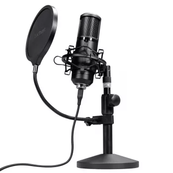 Studiomicrofoon TRUST GXT 269 Emita II — bedrade USB-microfoon, metalen behuizing, tafelmontage, zwart (42×162×42 mm)