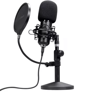 Studiomicrofoon TRUST GXT 269 Emita II — bedrade USB-microfoon, metalen behuizing, tafelmontage, zwart (42×162×42 mm)
