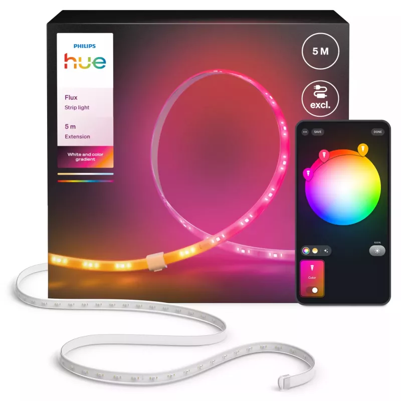 Philips Hue Flux lichtstrip-verlenging 5 m, slimme lichtstrip, Bluetooth/Zigbee, wit, silicone, meerkleurig, 48 W