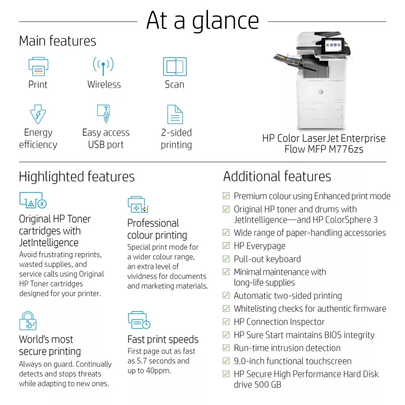 HP Color LaserJet Enterprise Flow MFP M776zs, Laser, Kleurendruk, 1200 x 1200 DPI, A3, Directprint, Zwart, Wit