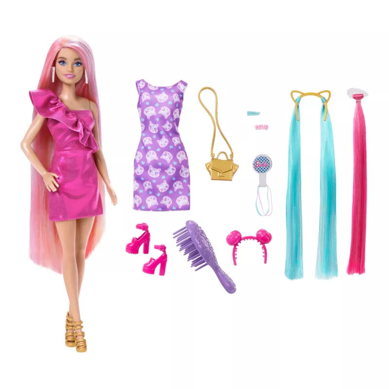 Barbie Fun & Fancy Hair pop met extra lang bont blond haar en stylingaccessoires