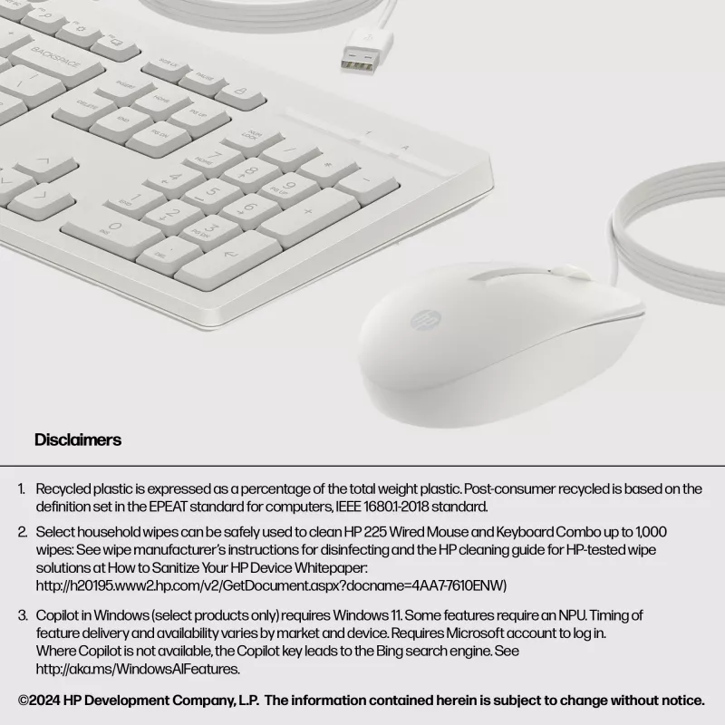 HP 225 bedrade muis- en toetsenbordcombinatie, full-size (100%), bedraad, USB, wit, muis inbegrepen