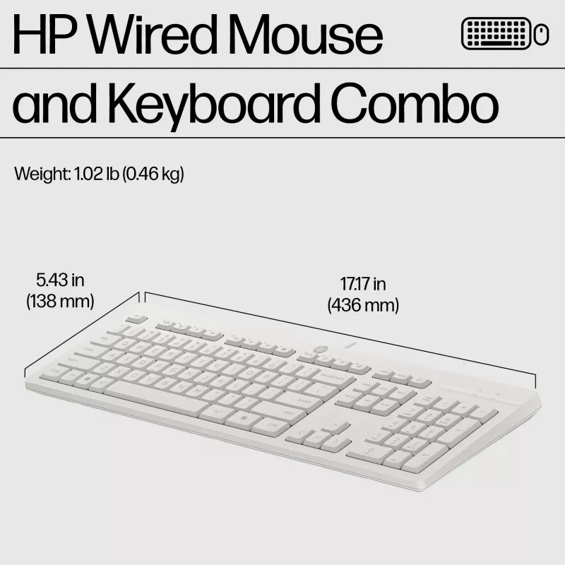 HP 225 bedrade muis- en toetsenbordcombinatie, full-size (100%), bedraad, USB, wit, muis inbegrepen
