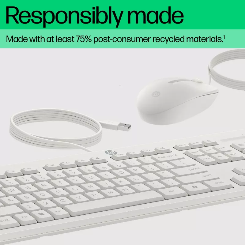 HP 225 bedrade muis- en toetsenbordcombinatie, full-size (100%), bedraad, USB, wit, muis inbegrepen