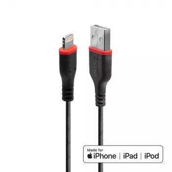 Lindy 1m versterkte USB Type-A naar Lightning kabel, 1 m, Lightning, USB A, stekker, stekker, zwart