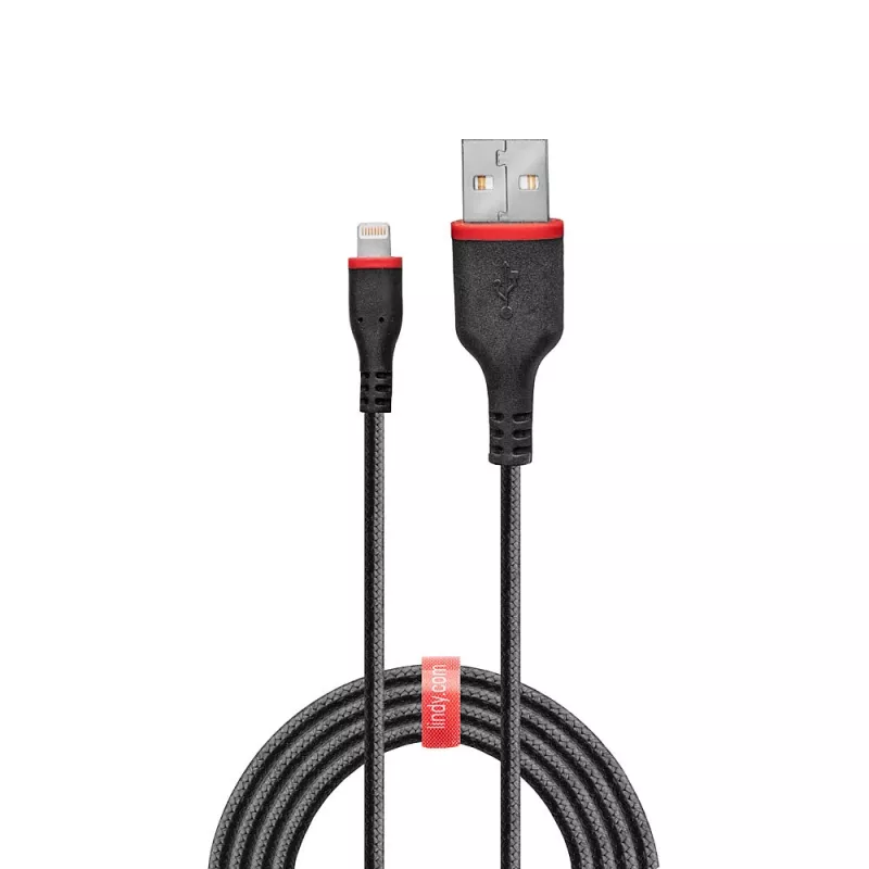 Lindy 1m versterkte USB Type-A naar Lightning kabel, 1 m, Lightning, USB A, stekker, stekker, zwart