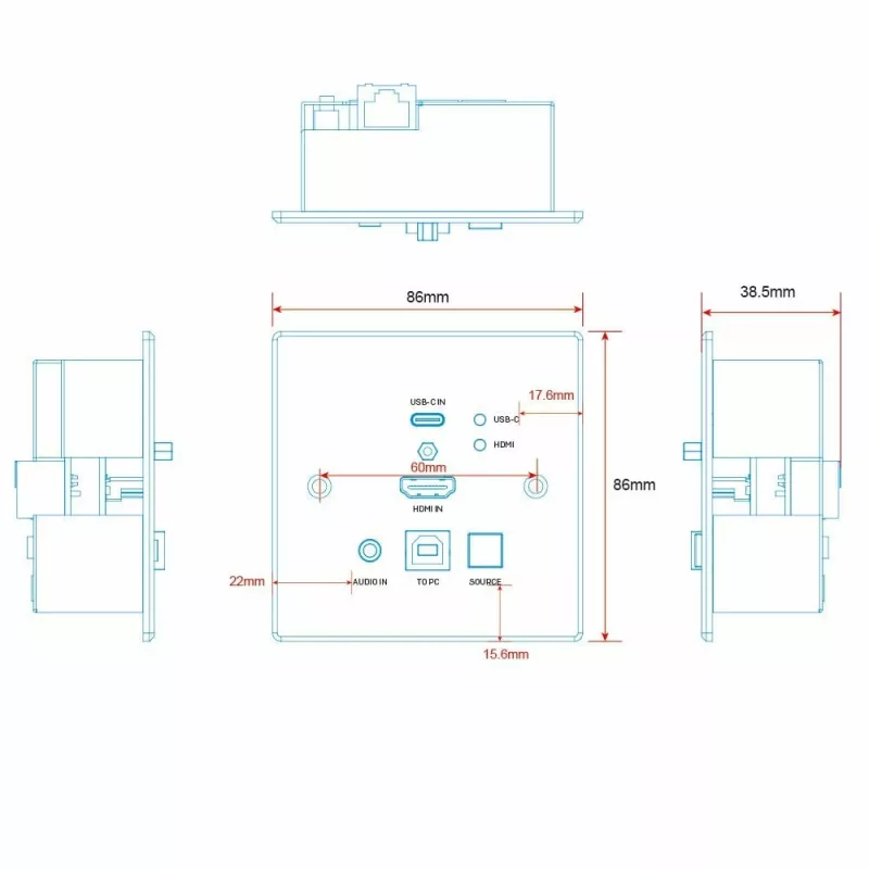 Lindy 150m Cat.6 HDMI 4K60 en Type-C HDBaseT UK wandcontactdoos KVM extender, transmitter
