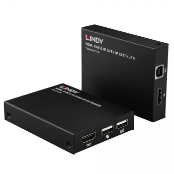 Lindy HDMI, KVM en IR over IP extender, zender en ontvanger, bedraad, 150 m, Cat5e, Cat6, zwart, metaal