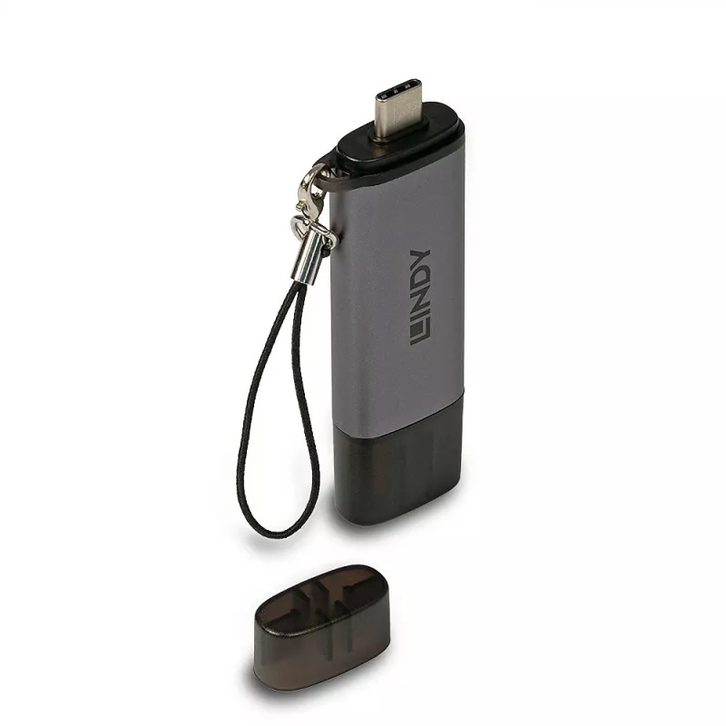 Lindy USB 3.2 Type-C en A SD-/microSD-kaartlezer, MiniSD, SD, zwart, grijs, 5000 Mbit/s, USB 3.2 Gen 1 (3.1 Gen 1) Type-A/Type-C, 78,5 mm, 22,5 mm
