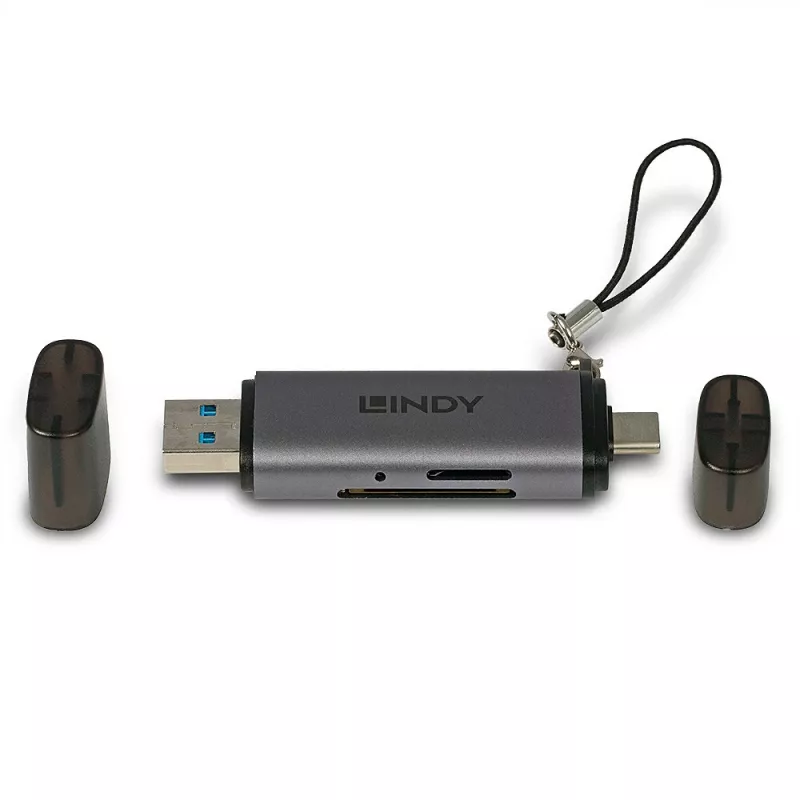 Lindy USB 3.2 Type-C en A SD-/microSD-kaartlezer, MiniSD, SD, zwart, grijs, 5000 Mbit/s, USB 3.2 Gen 1 (3.1 Gen 1) Type-A/Type-C, 78,5 mm, 22,5 mm