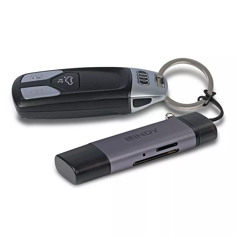 Lindy USB 3.2 Type-C en A SD-/microSD-kaartlezer, MiniSD, SD, zwart, grijs, 5000 Mbit/s, USB 3.2 Gen 1 (3.1 Gen 1) Type-A/Type-C, 78,5 mm, 22,5 mm