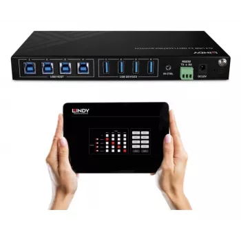 Lindy 4x4 USB 3.2 Gen 1 matrixswitch, 5 Gbit/s, zwart, metaal, draaiknop, CE, FCC, RoHS & REACH, USB Type-A, USB Type-B