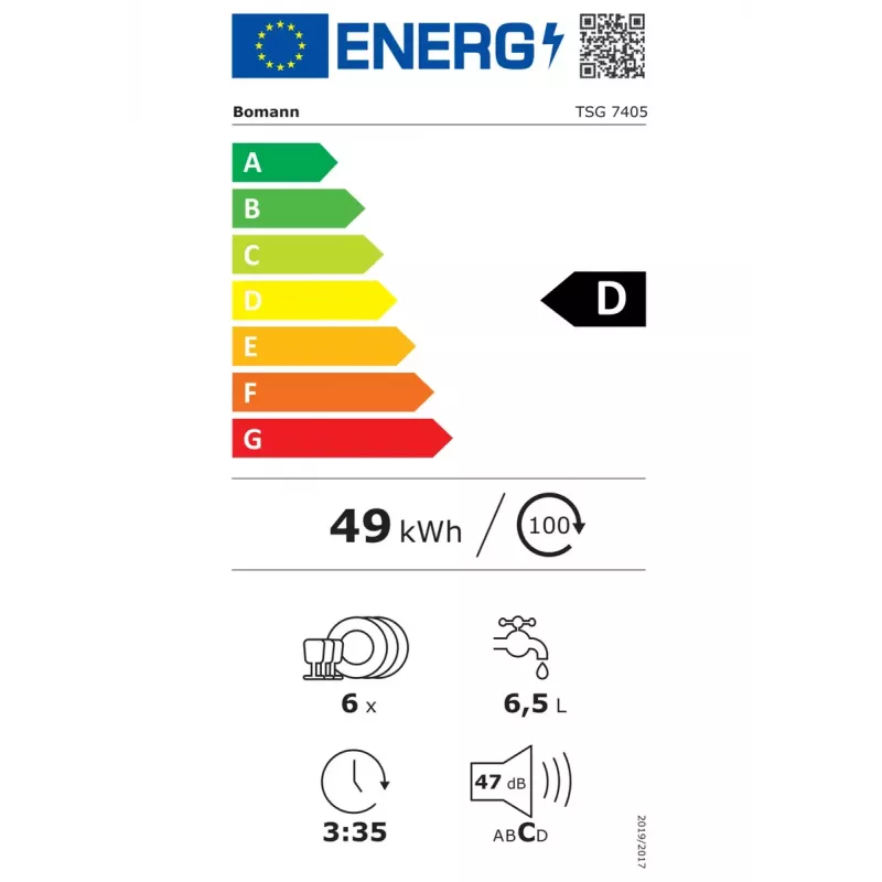 Tafelvaatwasser BOMANN TSG 7405, 6 couverts, 47 dB, 5 programma's, full size