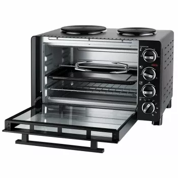 Unold Small kitchen all in one, vrijstaand fornuis, zwart, draaiknop, zwart, metaal, glas