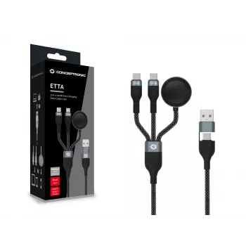 USB A naar 2× USB-C 3-in-1 snellaad-datakabel Conceptronic ETTA08B15 — 1,5 m, USB 2.0, 5 A, Apple Watch oplader, 100 W E‑Mark