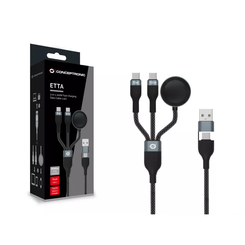 USB A naar 2× USB-C 3-in-1 snellaad-datakabel Conceptronic ETTA08B15 — 1,5 m, USB 2.0, 5 A, Apple Watch oplader, 100 W E‑Mark