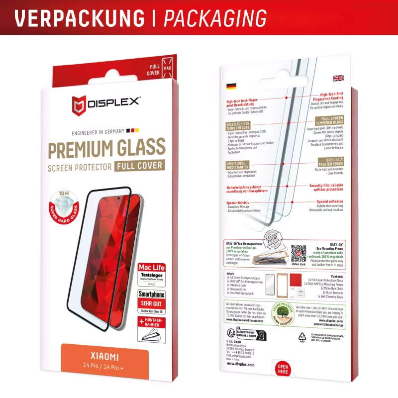 Displex Premium beeldschermbeschermglas (Full Cover, 10H) voor Xiaomi Redmi Note 13 Pro+/Note 14 Pro(+), Eco montageframe, Full Cover