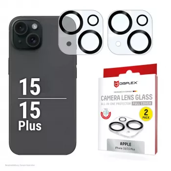 Displex Full Cover camera-lensglas iPhone 15/15 Plus, 10H, volledige camerabescherming, Quick Mount, 2 stuks