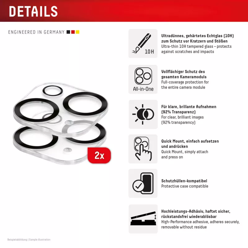 Displex Full Cover camera-lensglas iPhone 15/15 Plus, 10H, volledige camerabescherming, Quick Mount, 2 stuks