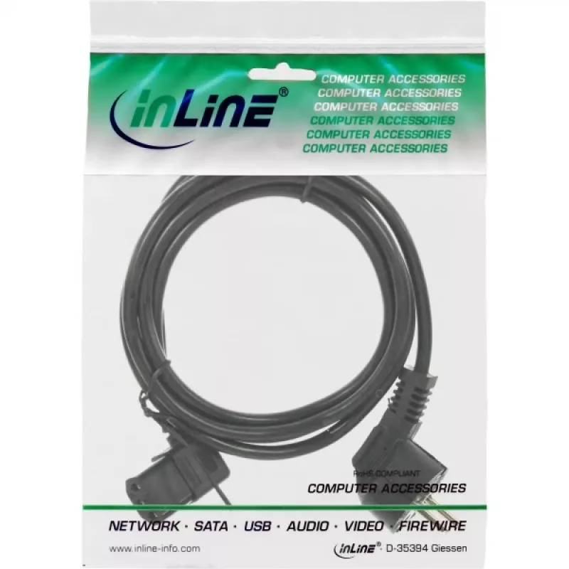 InLine netkabel, CEE 7/7 haaks / 3-polig IEC C13 links haaks, zwart, 1,8 m