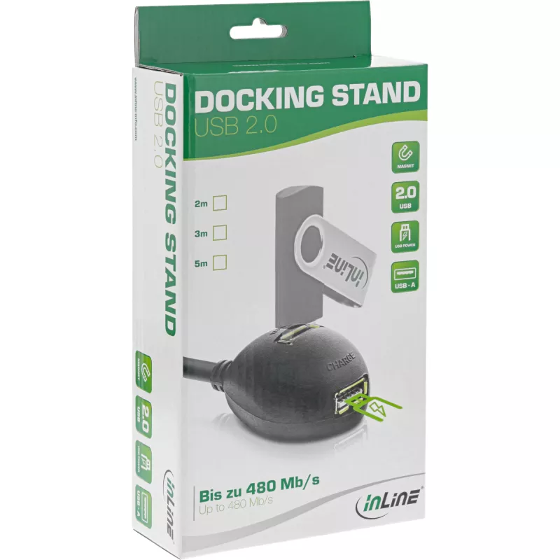 InLine USB 2.0-kabel Type-A stekker / bus, met voet, zwart, 2 m