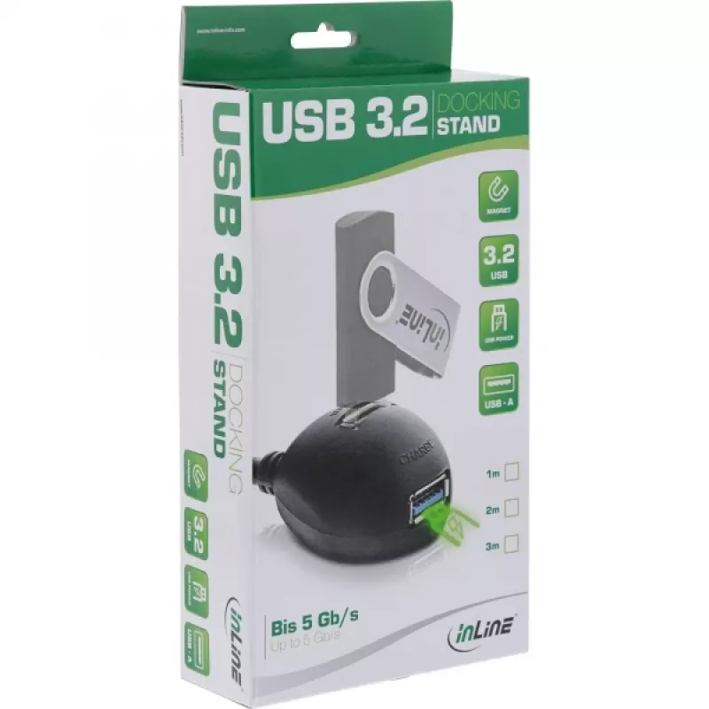 InLine USB 3.2 Gen.1-kabel USB Type-A M / A F + stroom, met standaard, zwart, 2 m
