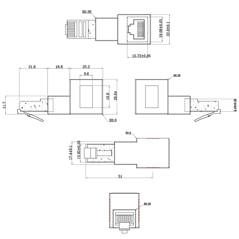 InLine patchkabel-adapter Cat.6A, RJ45 stekker / bus, 90° naar beneden afgewinkeld