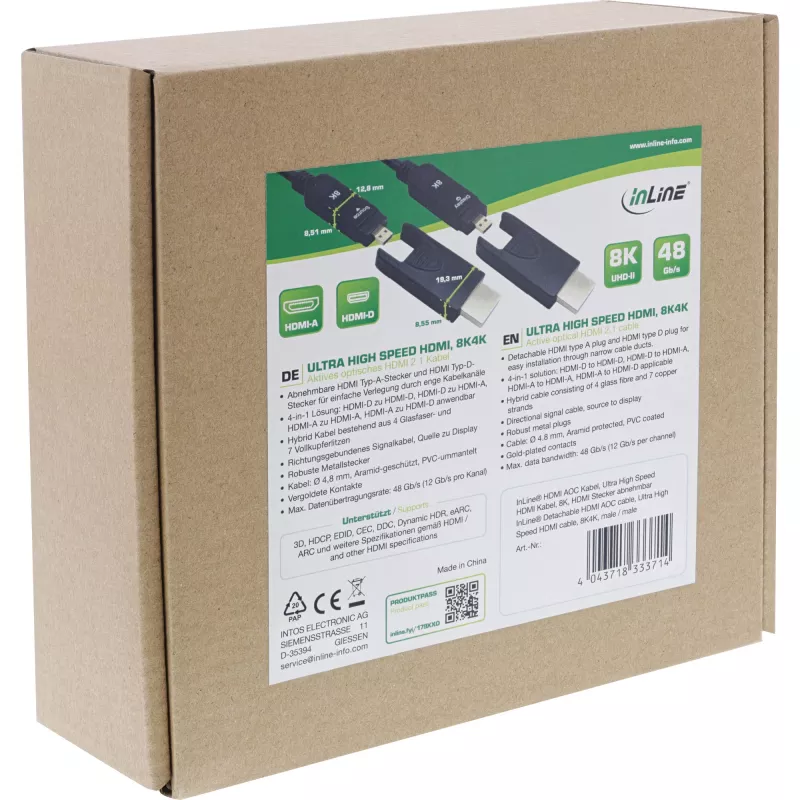 InLine HDMI AOC-kabel, Ultra High Speed HDMI, 8K4K, afneembare stekker, 20m