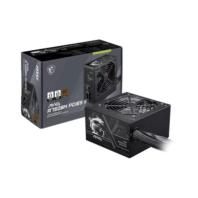 Voeding MSI MAG A750BN PCIE5 II 750 W, 24-pins ATX, non-modulair, 80 PLUS Bronze, 120 mm ventilator, zwart