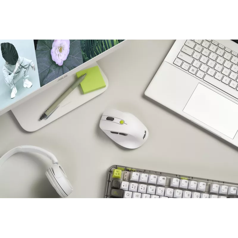 Muis ASUS MD105 /VT-GN — rechtshandig RF draadloos + Bluetooth, 2400 DPI, scrollwiel, op batterij, wit/groen