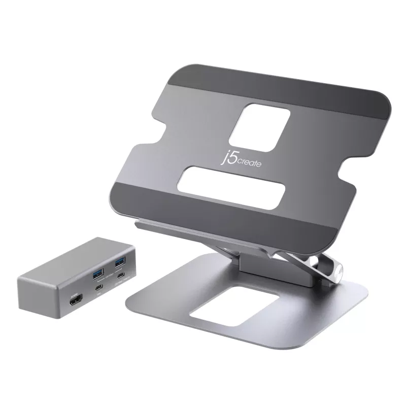 j5create JTS327 Multi-Angle 4K Docking Stand, laptopstandaard, grijs, aluminium, 40,6 cm (16 inch), 4 kg, Windows-laptop / Mac