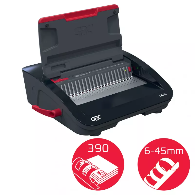 GBC CombBind® CB25E elektrische bindmachine, kam-bindmachine, elektrisch, 390 vel, zwart, rood