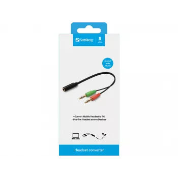 Sandberg headset-adapter (mobiel) PC, 2 x 3,5 mm, stekker, 3,5 mm, bus, zwart