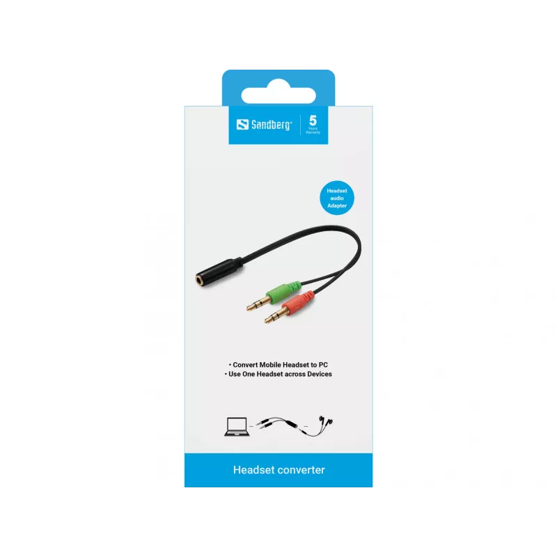 Sandberg headset-adapter (mobiel) PC, 2 x 3,5 mm, stekker, 3,5 mm, bus, zwart