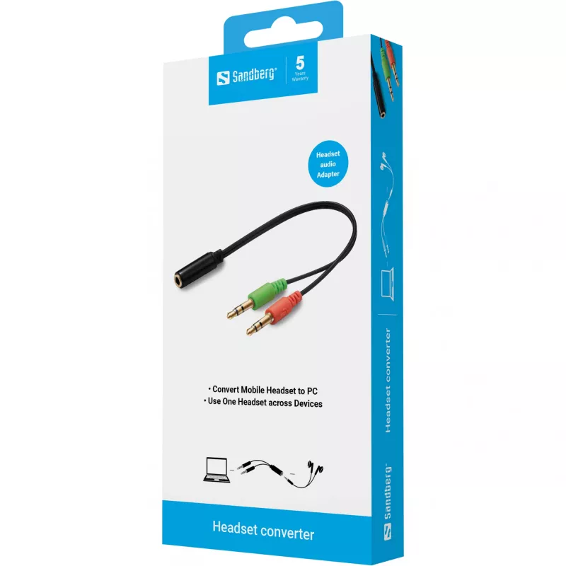 Sandberg headset-adapter (mobiel) PC, 2 x 3,5 mm, stekker, 3,5 mm, bus, zwart
