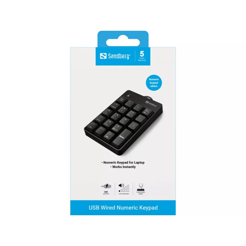 Sandberg USB bekabeld numeriek toetsenblok, USB, 19, laptop/PC, 1,5 m, zwart