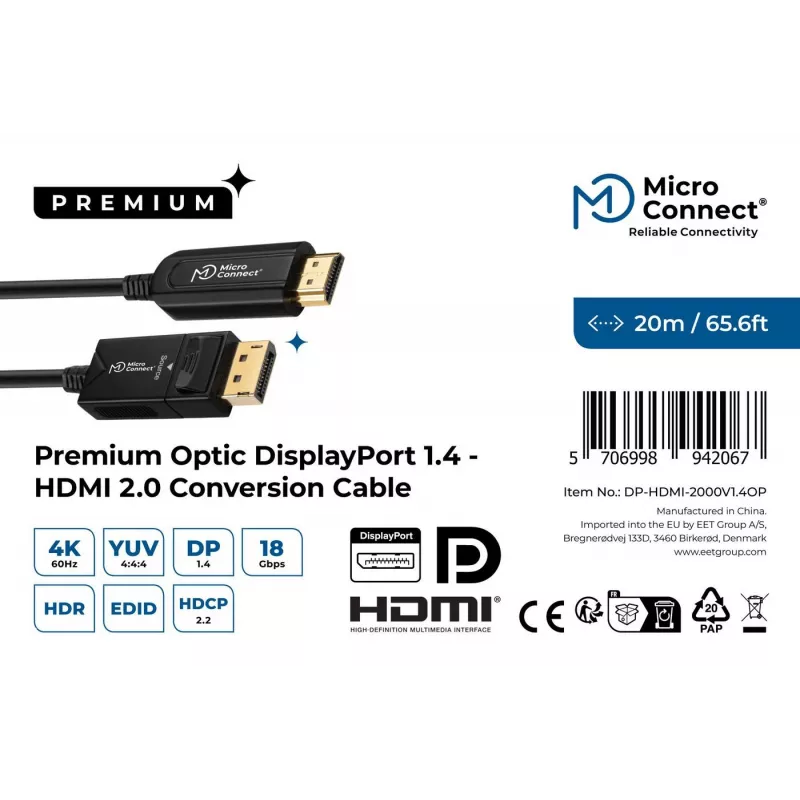 Microconnect DP-HDMI-2000V1.4OP videokabel-adapter 20 m DisplayPort HDMI Type-A (standaard) zwart