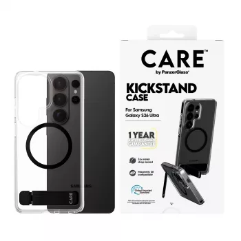 PanzerGlass CARE™ Urban Explorer hoes voor Samsung Galaxy S26 Ultra — transparante cover met zwarte kickstand en Qi-ondersteuning