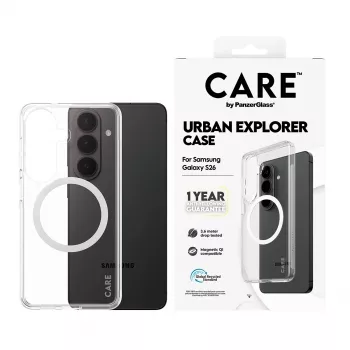 PanzerGlass CARE™ Urban Explorer hoes voor Samsung Galaxy S26 — transparante cover met witte Qi-ondersteuning