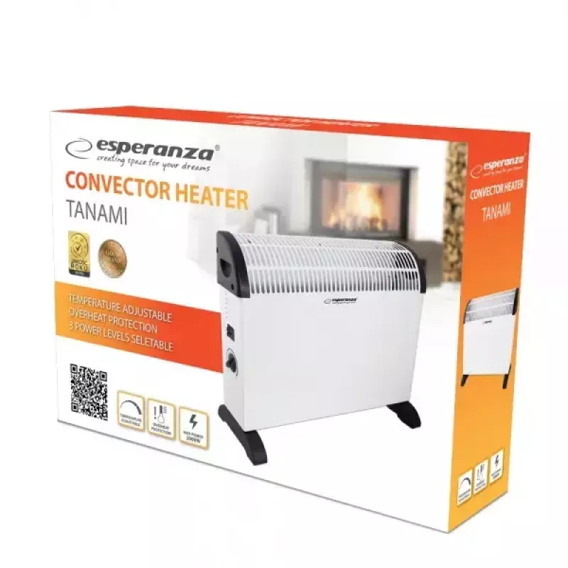 Elektrische convector-heteluchtkachel ESPERANZA EHH008 — 2000 W, 3 standen, instelbare thermostaat, wit