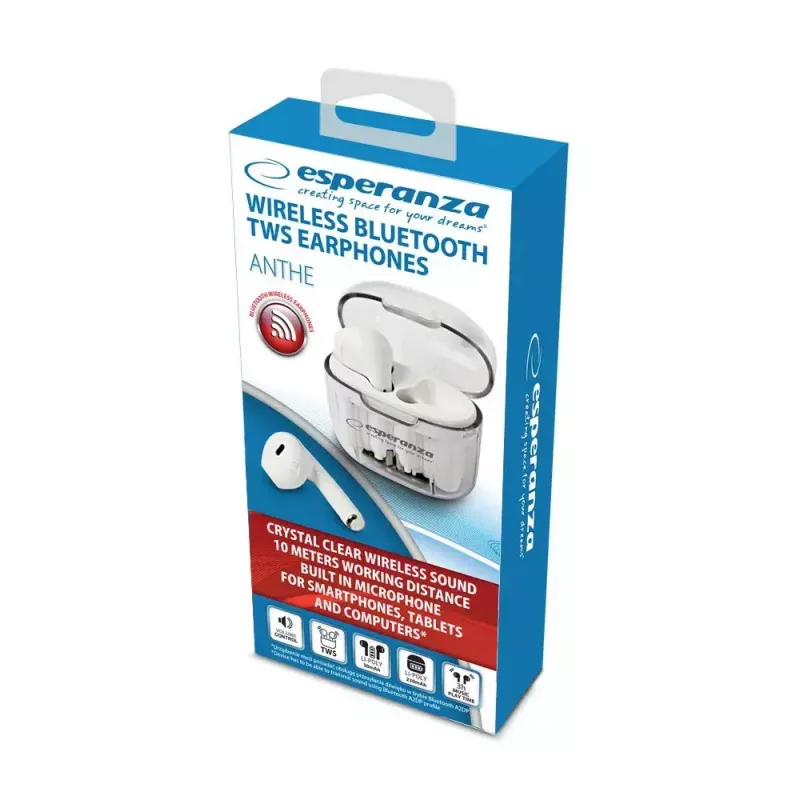 Draadloze in-ear-koptelefoon ESPERANZA EH237W — Bluetooth 5.3, touchbediening, 3–4 uur accu, wit