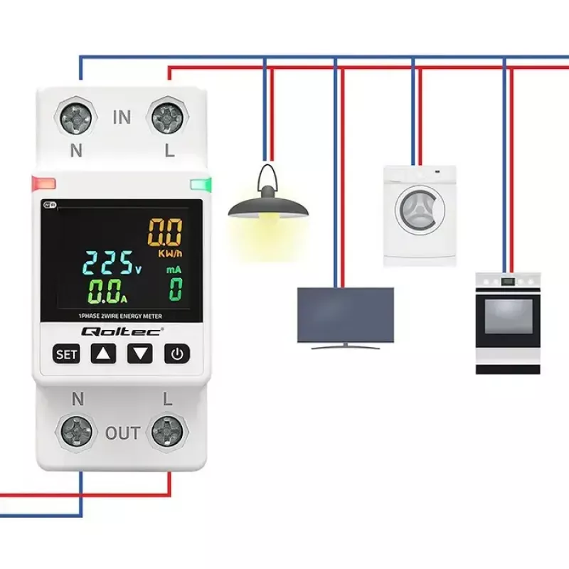 Eenfasige energieverbruiksmeter QOLTEC 50981 DIN35 230V 50Hz