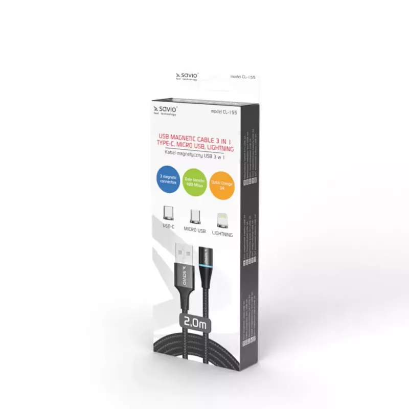 USB 2.0-kabel SAVIO CL-155, USB A naar verwisselbaar USB-C / Micro-USB B / Lightning, 2 m, zwart