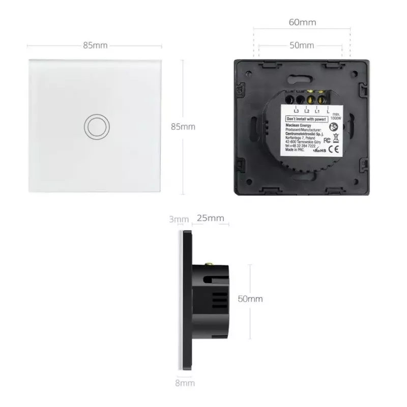Aanraaklichtschakelaar MACLEAN MCE703W, glasfront, 1-voudig, 220V