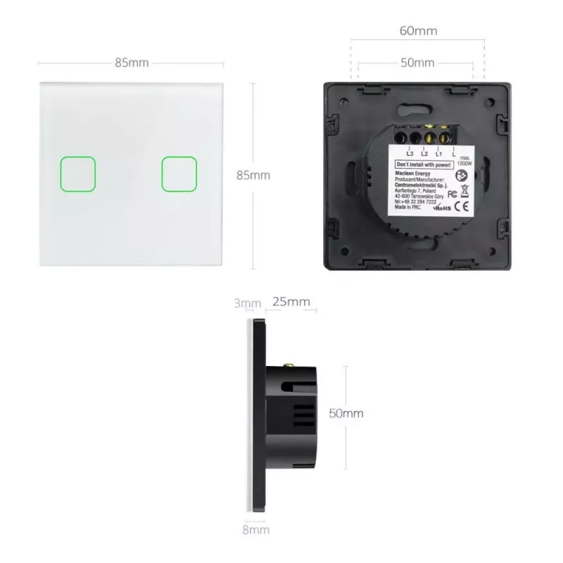 Aanraaklichtschakelaar MACLEAN MCE703W, glasfront, 1-voudig, 220V