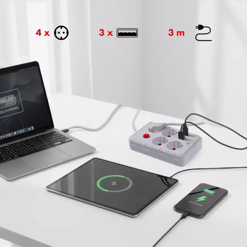 Stekkerdoos MACLEAN MCE393 W — 4 stopcontacten + 3×USB, 110–240V, 2,1A USB, 2500W, 3 m, wit