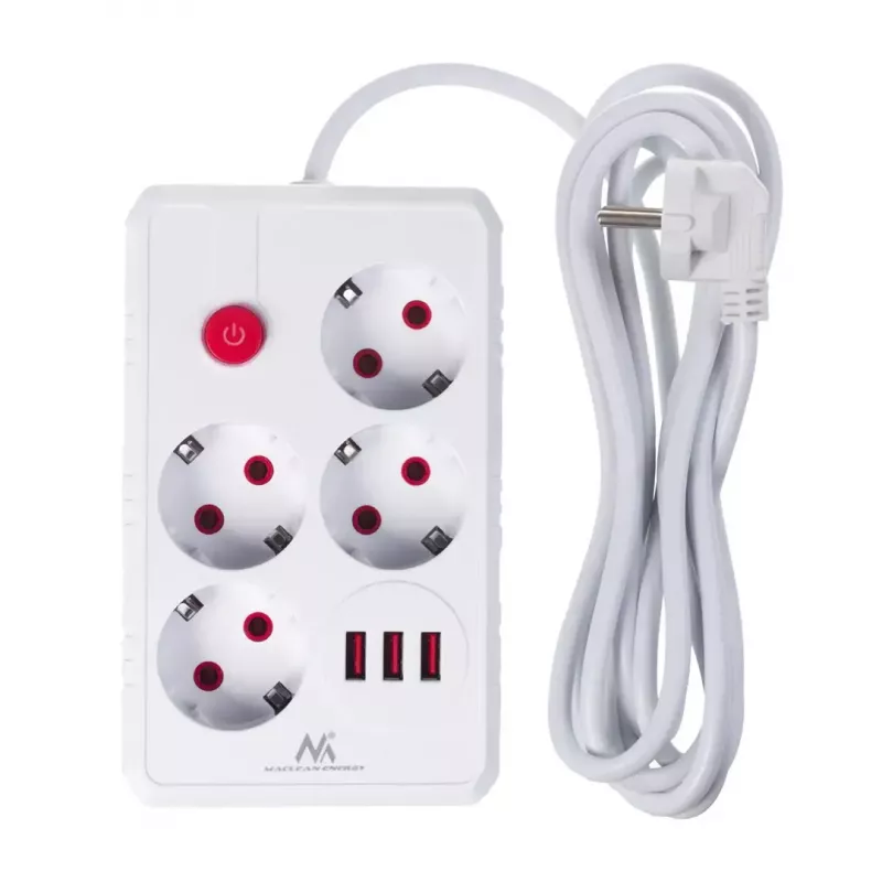 Stekkerdoos MACLEAN MCE393 W — 4 stopcontacten + 3×USB, 110–240V, 2,1A USB, 2500W, 3 m, wit