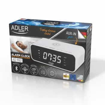 Wekker Adler AD 1192W – compacte nachtkastwekker met draadloze oplader en AUX-ingang, wit