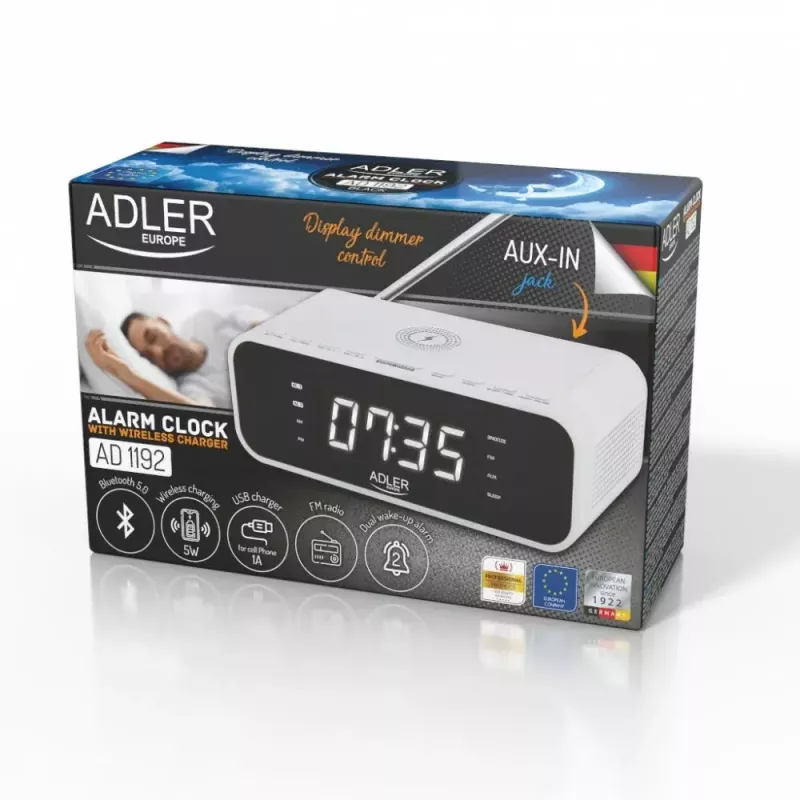 Wekker Adler AD 1192W – compacte nachtkastwekker met draadloze oplader en AUX-ingang, wit